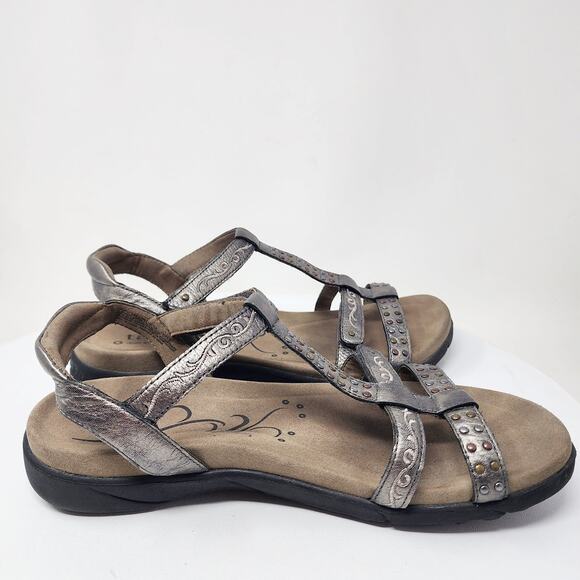 Taos Taos Replay Abeo Biosystem Sandals Women 10 Pewter Leather Stud Embroidered - Picture 9 of 15